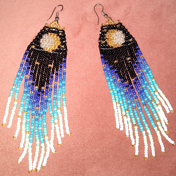 Moon Eclipse Crescent Long 5" Night Earrings Handmade Beaded Oversized - Picture 3 of 9